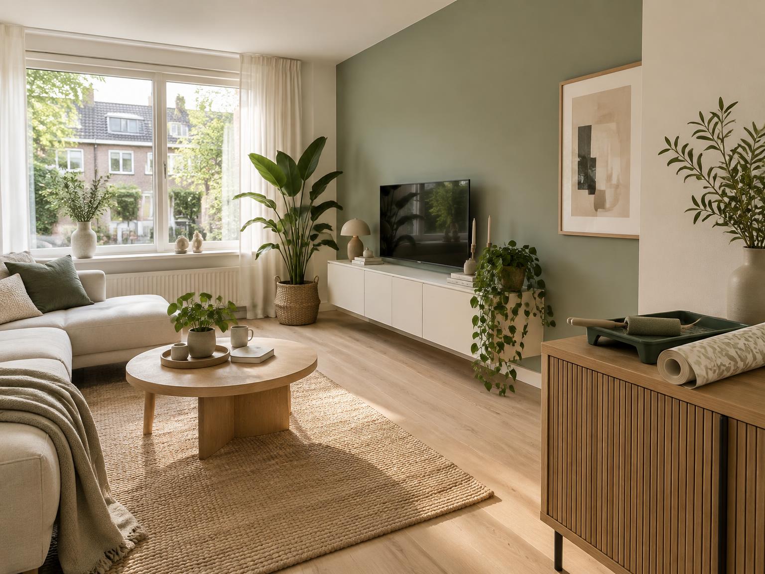 Fris gerenoveerde woonkamer met nieuw laminaat, salie-groene muur en behangrol